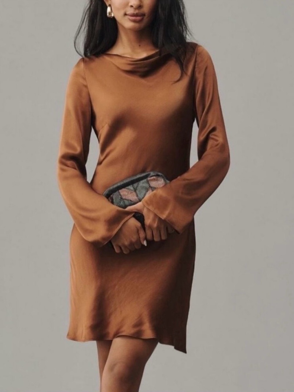 Anthropologie Satin Long Sleeve Mini Dress in Warm Brown